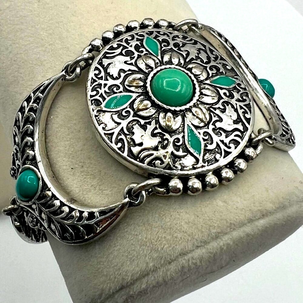 Silver Tone & Faux Turquoise Floral Filigree Bracelet A21 - Picture 2 of 10